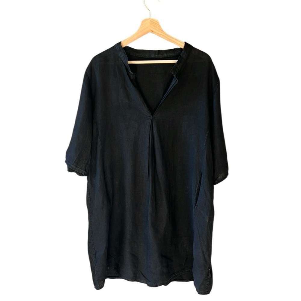New Collection Made in Italy Sz 2X 100% Linen Black Lagenlook Tunic Top